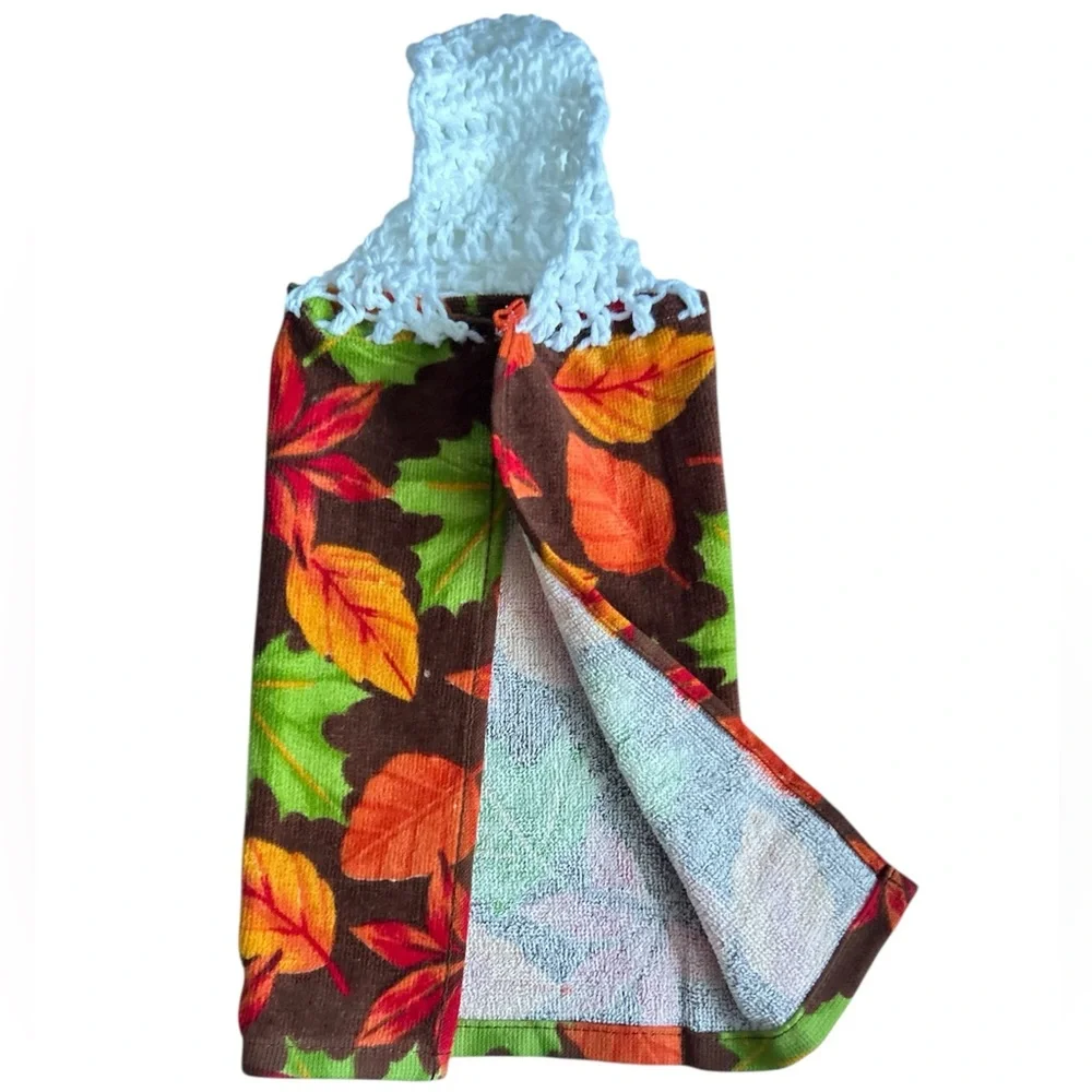 HAND CRAFTED Colorful Fall Leaves Crochet Top Hanging Kitchen Hand Towel